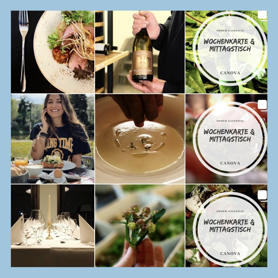 Neun Kacheln mit verschiedenen Bildern vom Instagram Feed für den Kunden Canova.