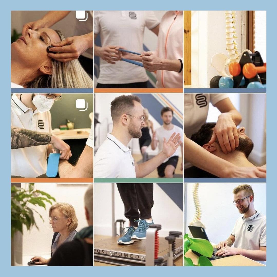 Neun Kacheln mit verschiedenen Bildern vom Instagram Feed für den Kunden Elias Emme Physiotherapie Praxis.