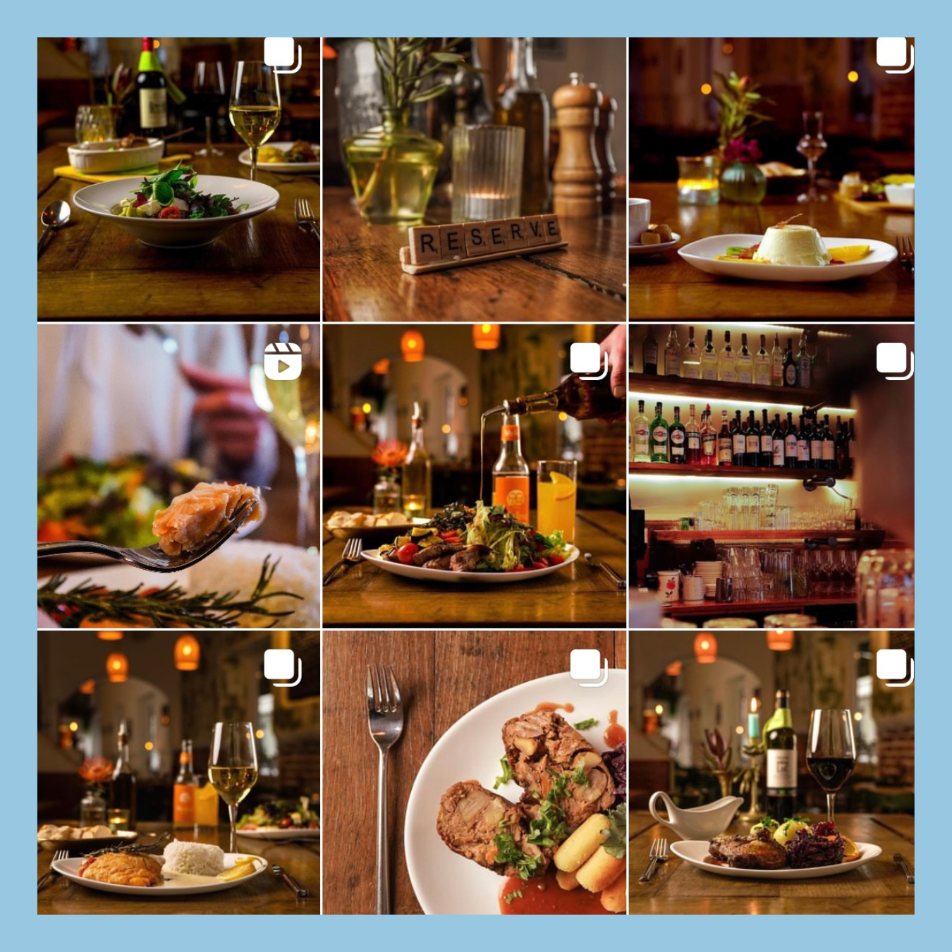 Neun Kacheln aus einem Instagram Feed mit verschiedenen Bildern von Gerichten und Getränken für den Kunden Restaurant Toucan.